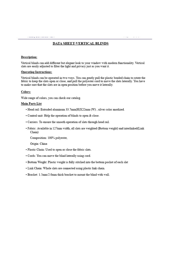 Vertical Blinds Data Sheet Guide | PDF