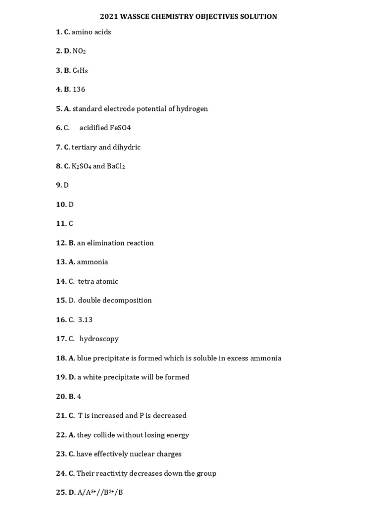 2021 WASSCE Chemistry Objective Solutions | PDF