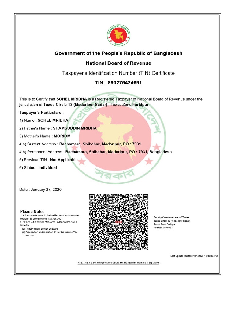 TIN Certificate for Sohel Mridha, Bangladesh | PDF | Taxpayer | Taxes