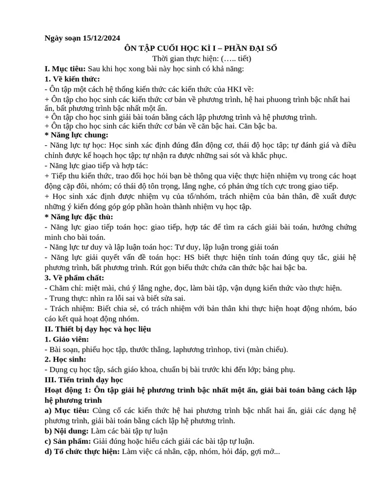 On Tap Cuoi Ki 1 Toan 9 KNTT | PDF