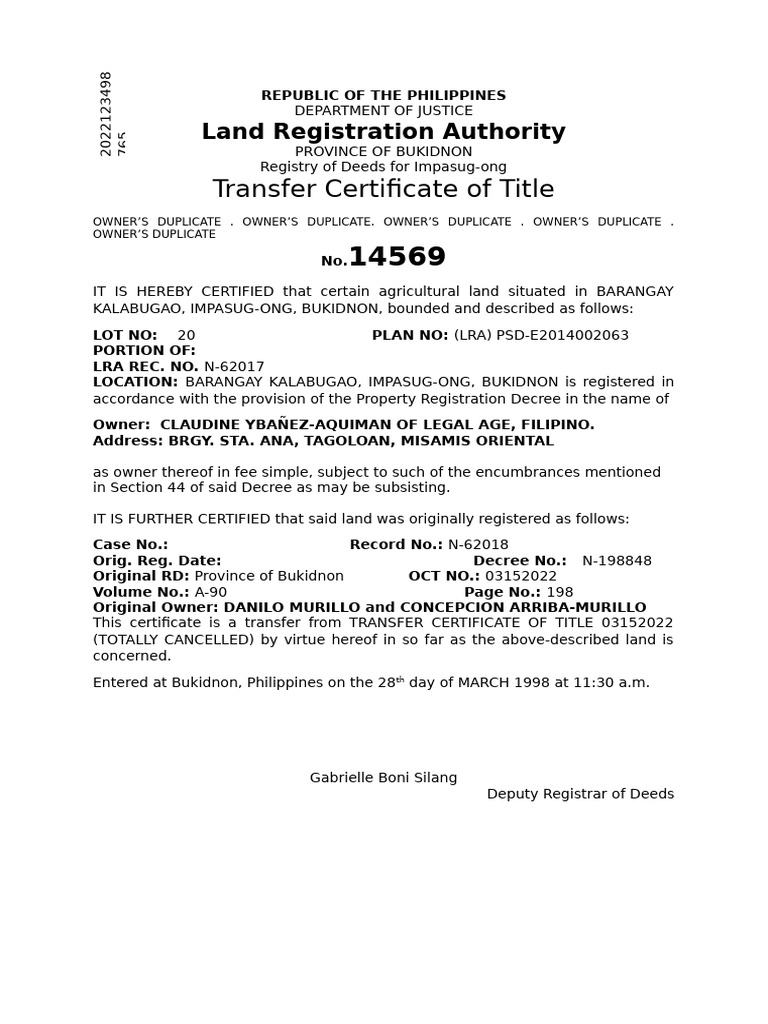 Transfer Certificate of Title - Bukidnon | PDF