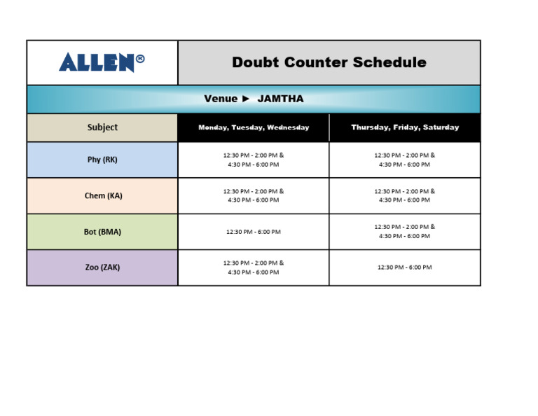 Allen: Doubt Counter Schedule | PDF