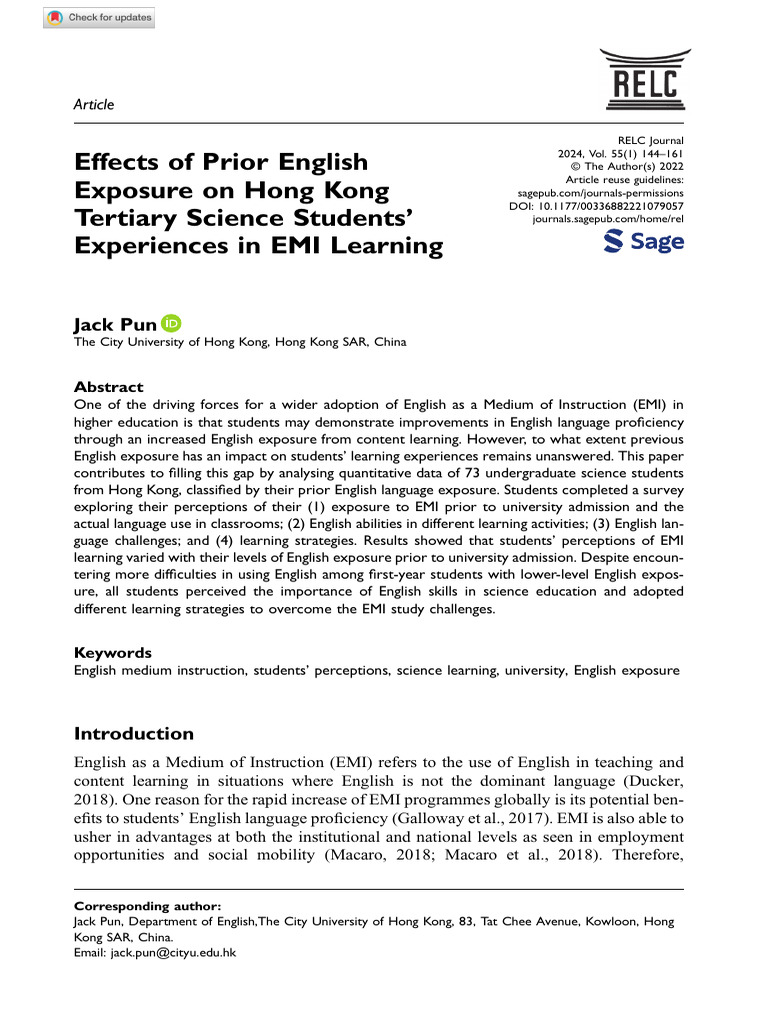 Pun 2022 Effects of Prior English Exposure On Hong Kong Tertiary ...