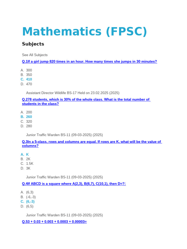 FPSC Mathematics Questions and Answers | PDF | Area | Elementary Geometry