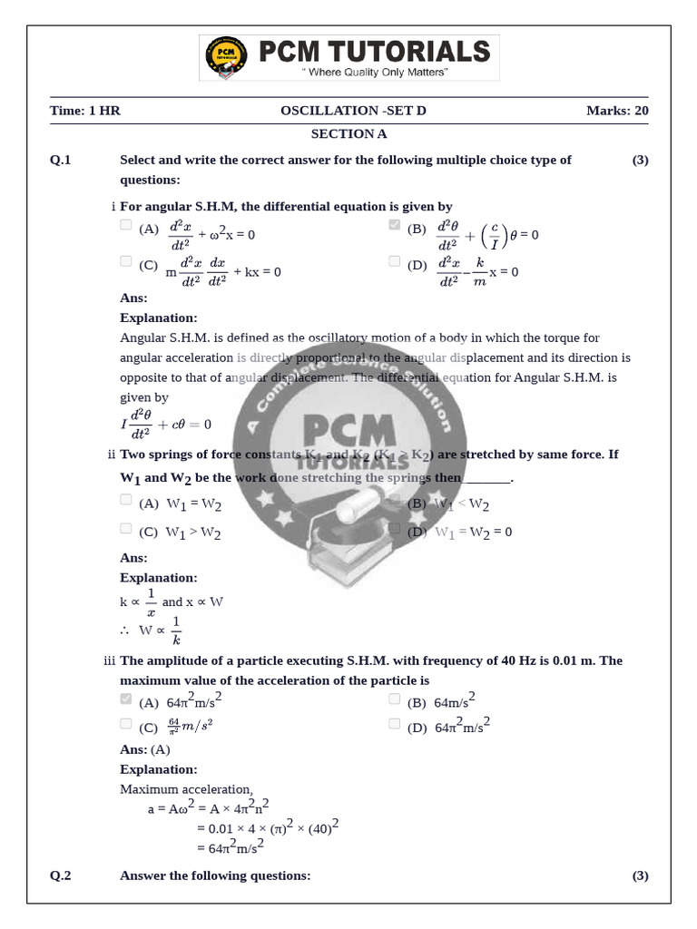 Angular SHM Concepts and Calculations | PDF | Oscillation | Torque