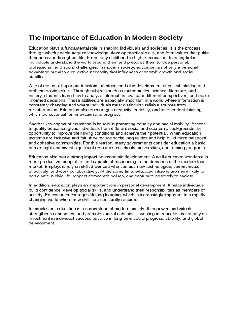The Importance of Education in Modern Society Essay | PDF | Society ...