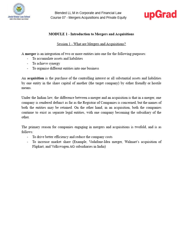 MODULE 1 - Introduction To Mergers and Acquisitions | PDF | Mergers And ...
