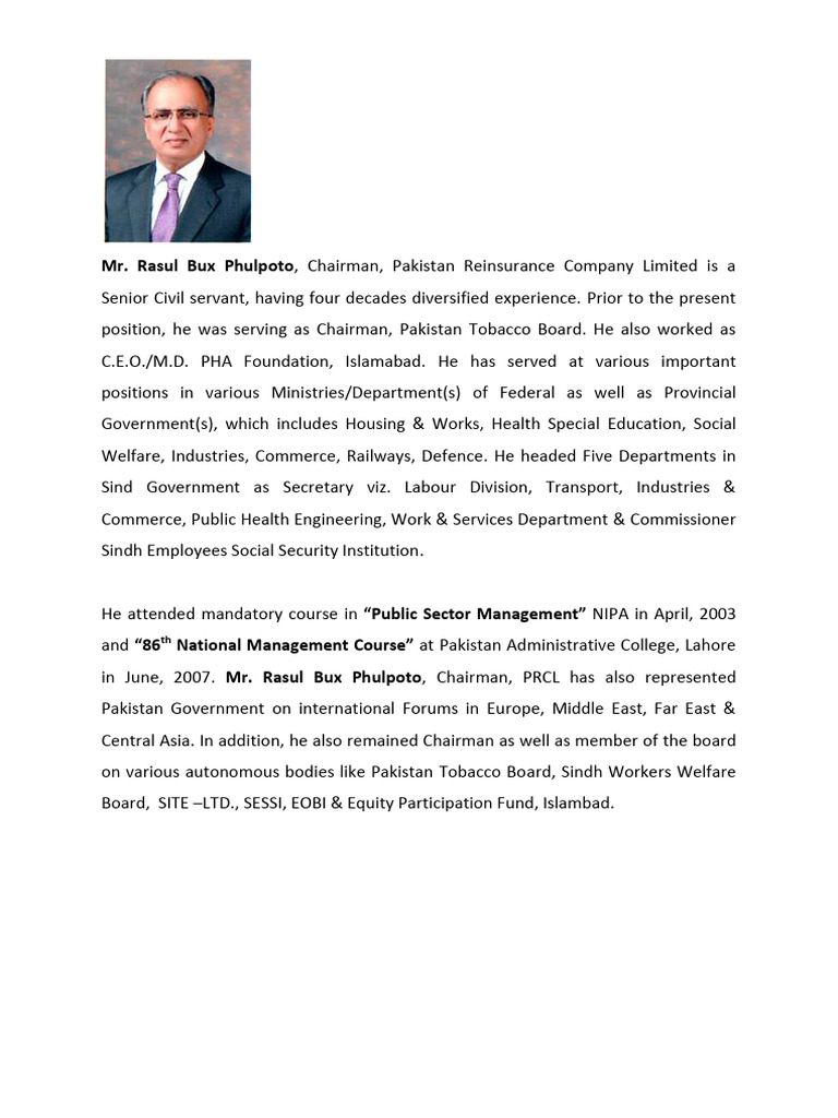 Chairman Profile (Rasul Bux Phulpoto) | PDF