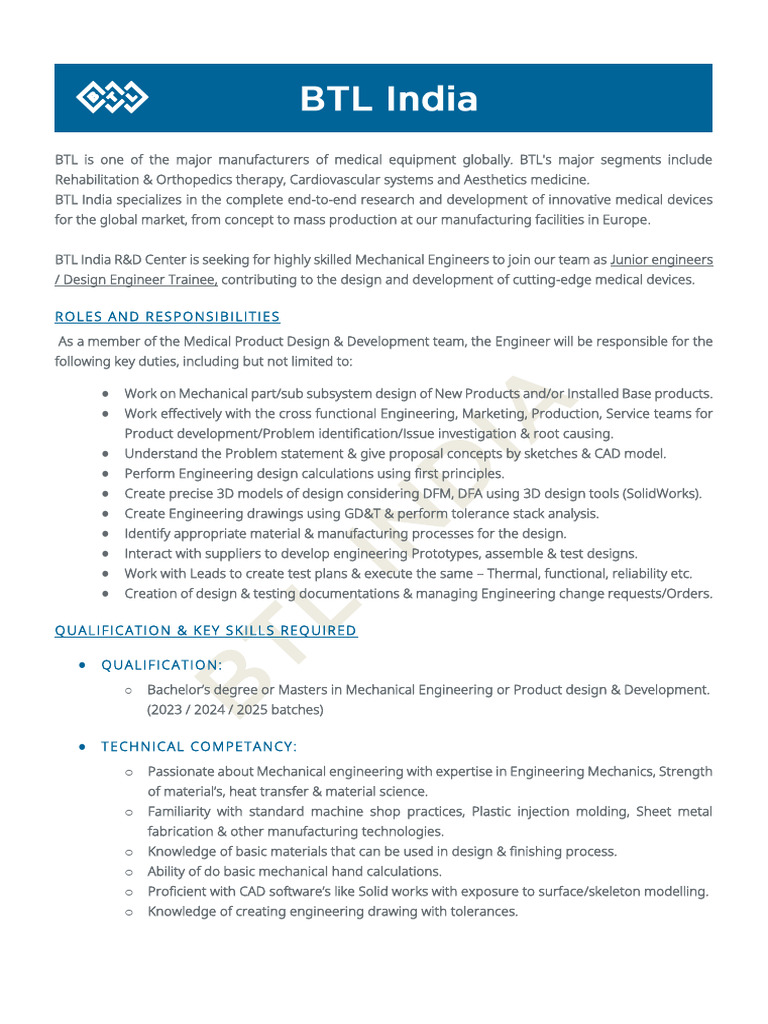 Junior Mechanical Engineer Roles at BTL | PDF | Engineering | Computer ...
