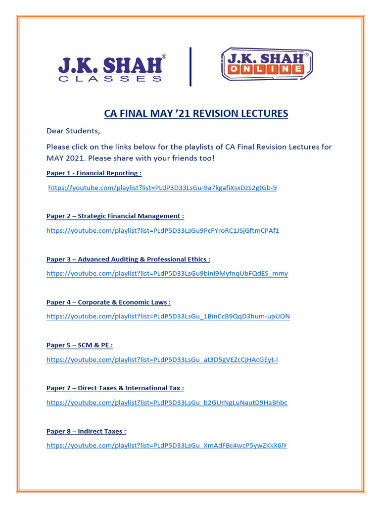 CA Final May 2021 Revision Lectures | PDF