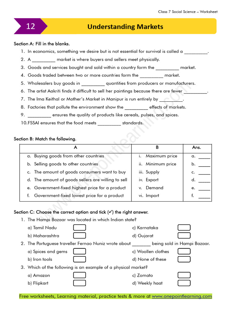 Class 7 Social Science Market Worksheet | PDF | Warehouse | Goods