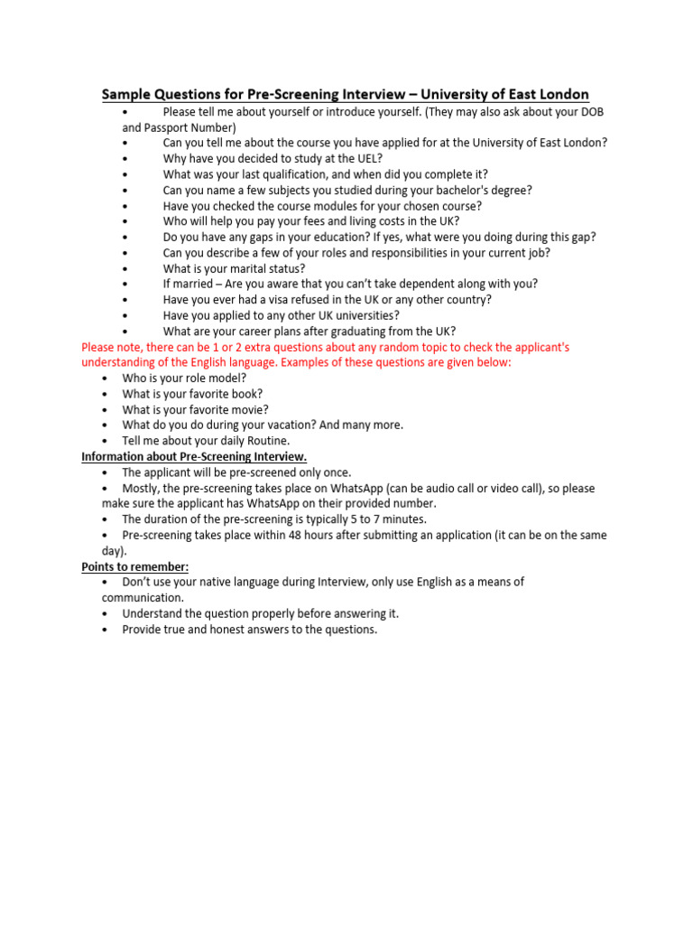 UEL Pre-Screening Interview Questions | PDF