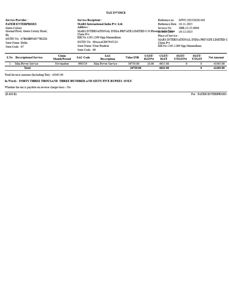 Tax Invoice for Manpower Services | PDF | Rupee