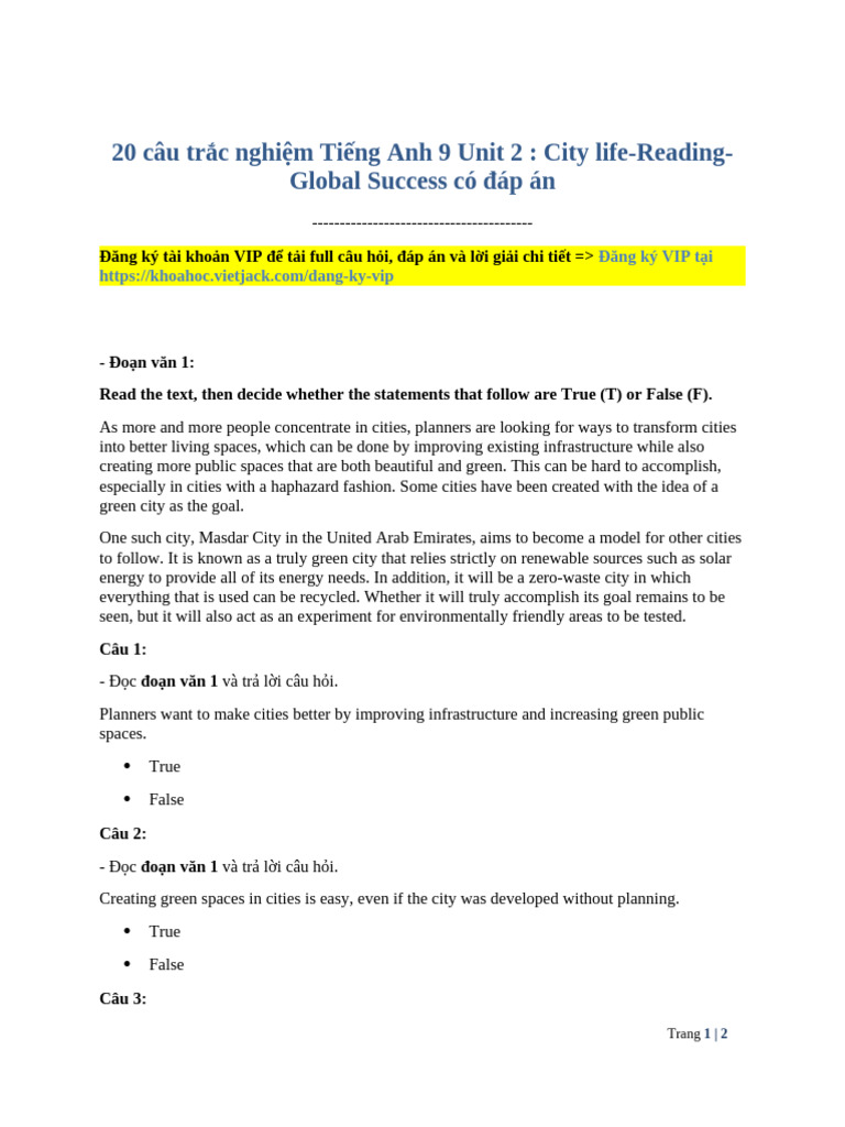 20 Cau Trac Nghiem Tieng Anh 9 Unit 2 City Life Reading Global Success ...