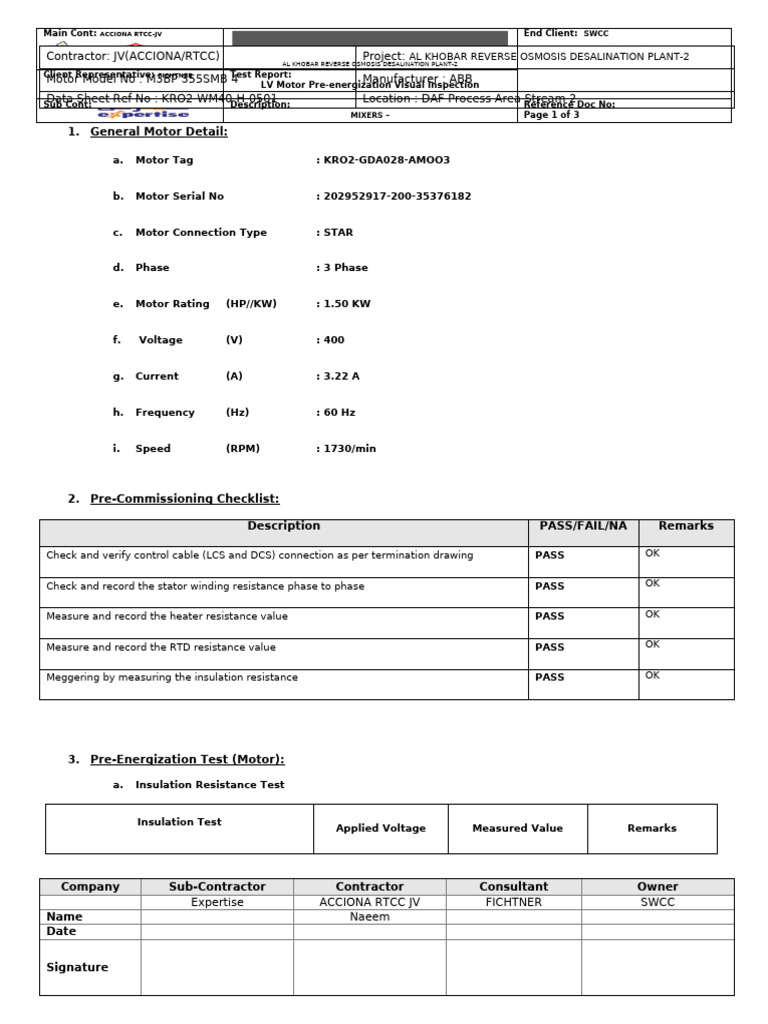 Pre-Commissioning Test Sheet for Motor | PDF | Power (Physics ...