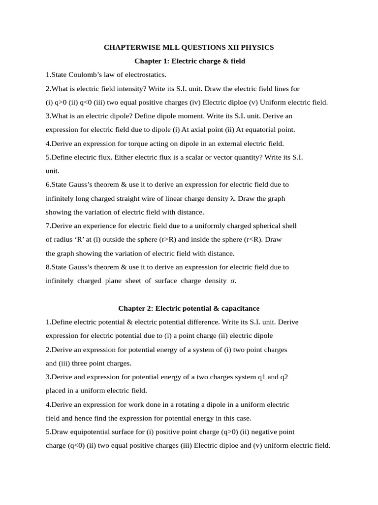 MLL PHYSICS Chapter Wise Questions | PDF | Electric Field | Physics