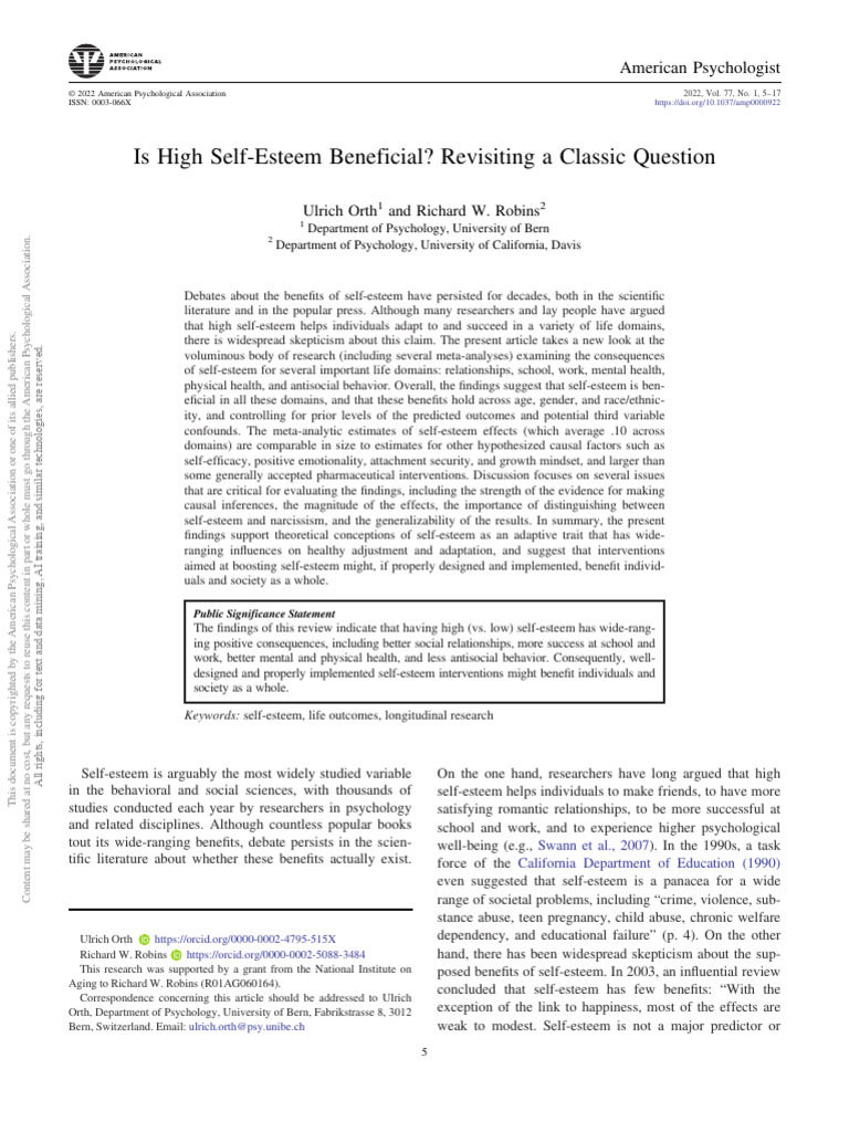 Benefits of High Self-Esteem Explained | PDF | Self Esteem | Psychology