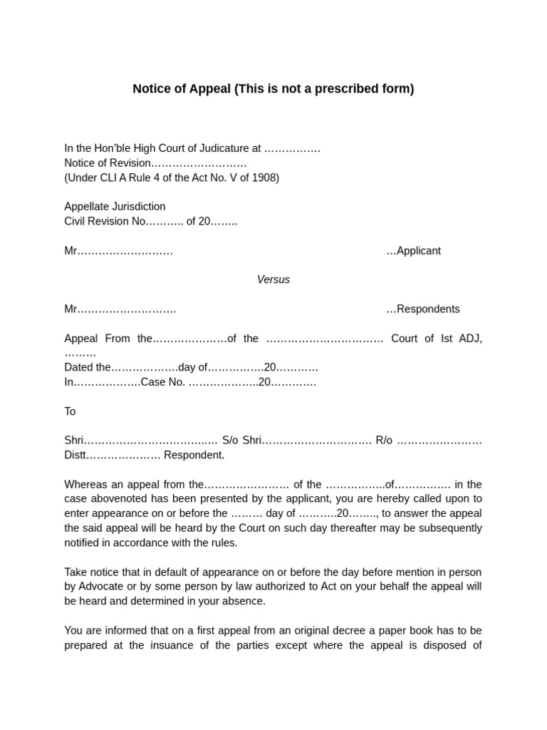 Notice of Appeal for Civil Revision | PDF