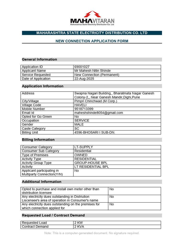 Maharashtra New Connection Application Form | PDF