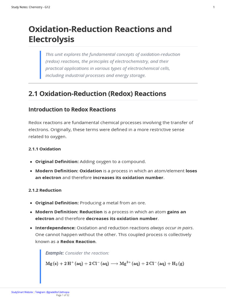 Redox Reactions and Electrolysis Guide | PDF | Redox | Electrochemistry