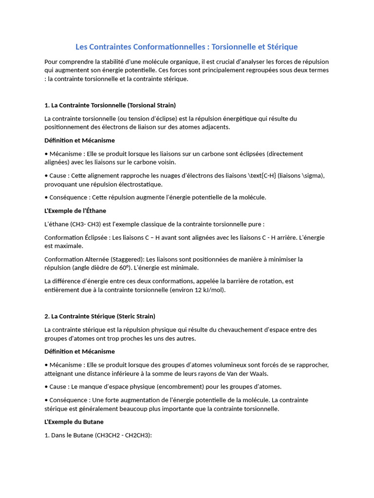 Contraintes Torsionnelles et Stériques | PDF | Liaison chimique | Atomes