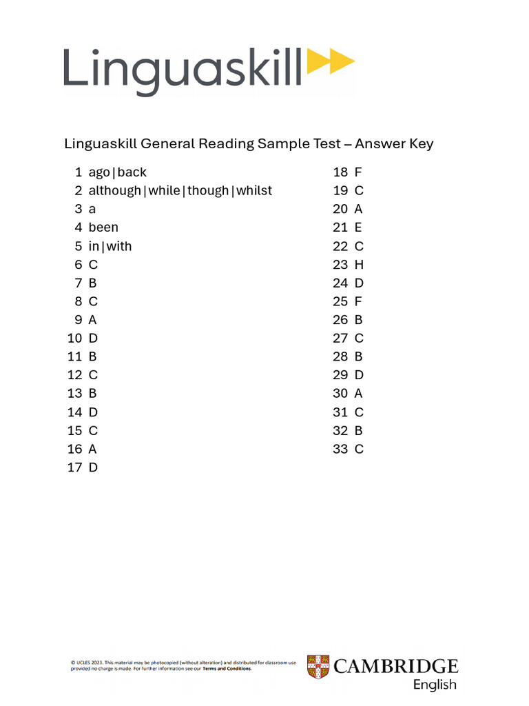 Linguaskill Reading Sample Test Answer Key 2 | PDF