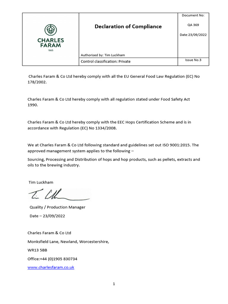 ChF Hops Declaration of Compliance QA369 2022 | PDF | Food Safety | Hops