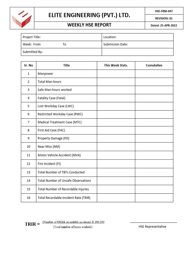 Weekly HSE Report - Elite Engineering | PDF