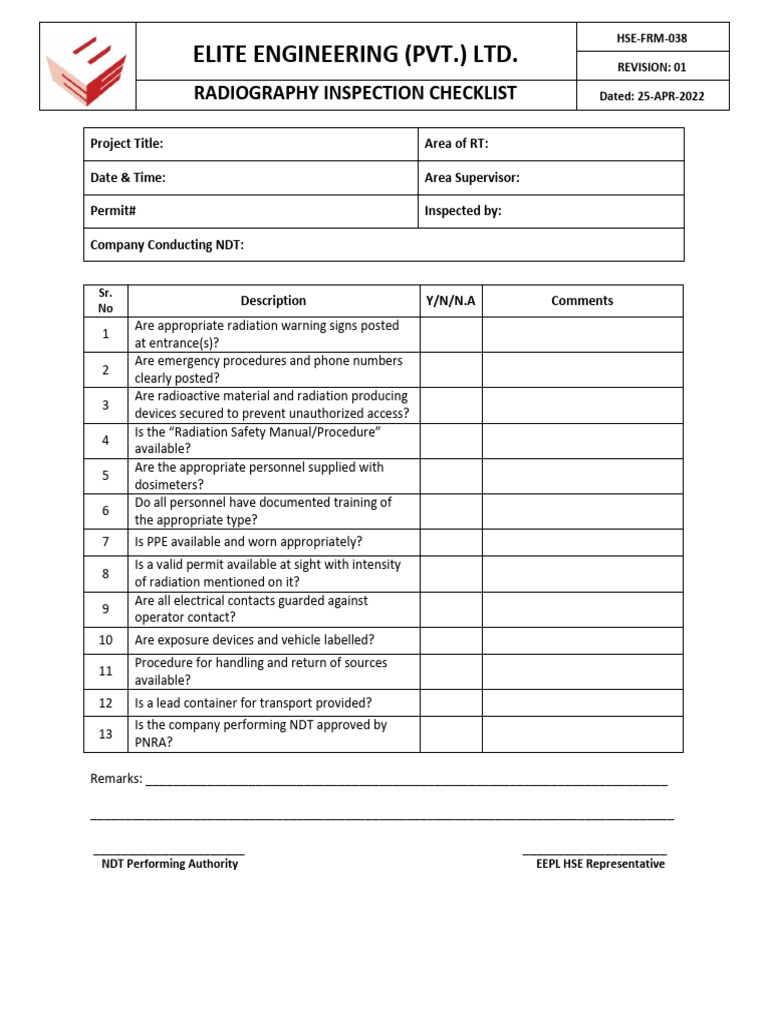 Radiography Inspection Checklist Template | PDF