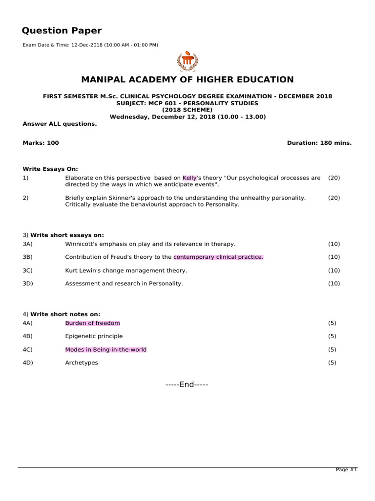 M.Sc. Clinical Psychology Exam Papers | PDF | Mental Disorder ...
