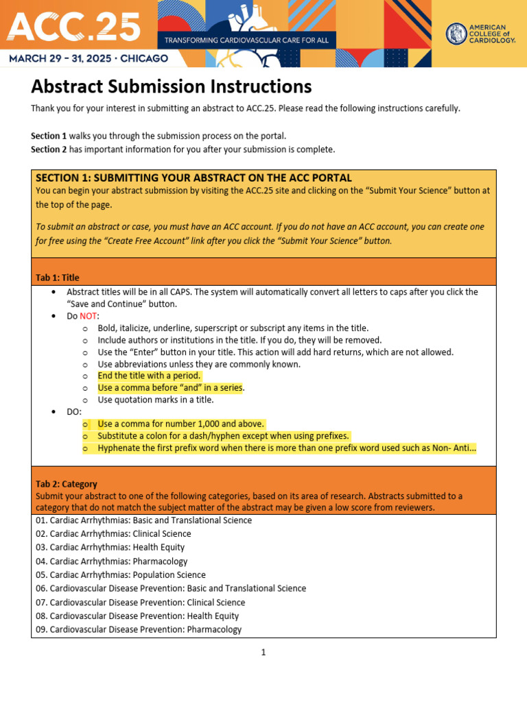 ACC.25 Abstract Submission Guide | PDF | Cardiology | Heart
