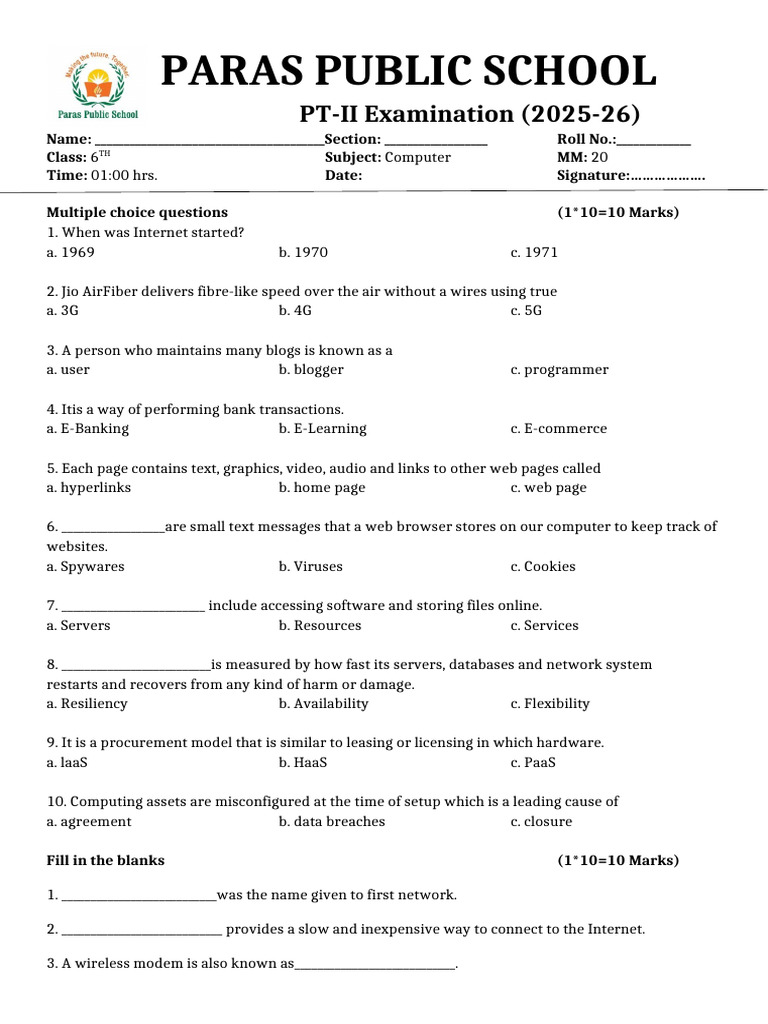 Class 6 Computer Exam Paper 2025-26 | PDF | World Wide Web | Internet & Web