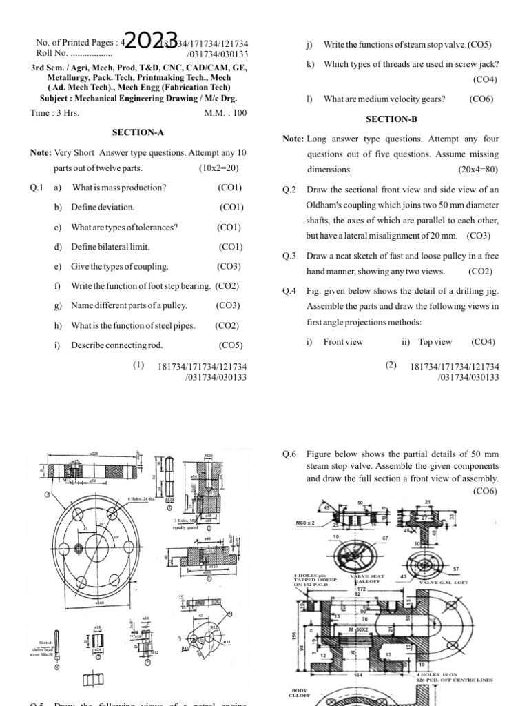 Mechanical Engineering Drawing Exam Guide | PDF | Gear | Tools