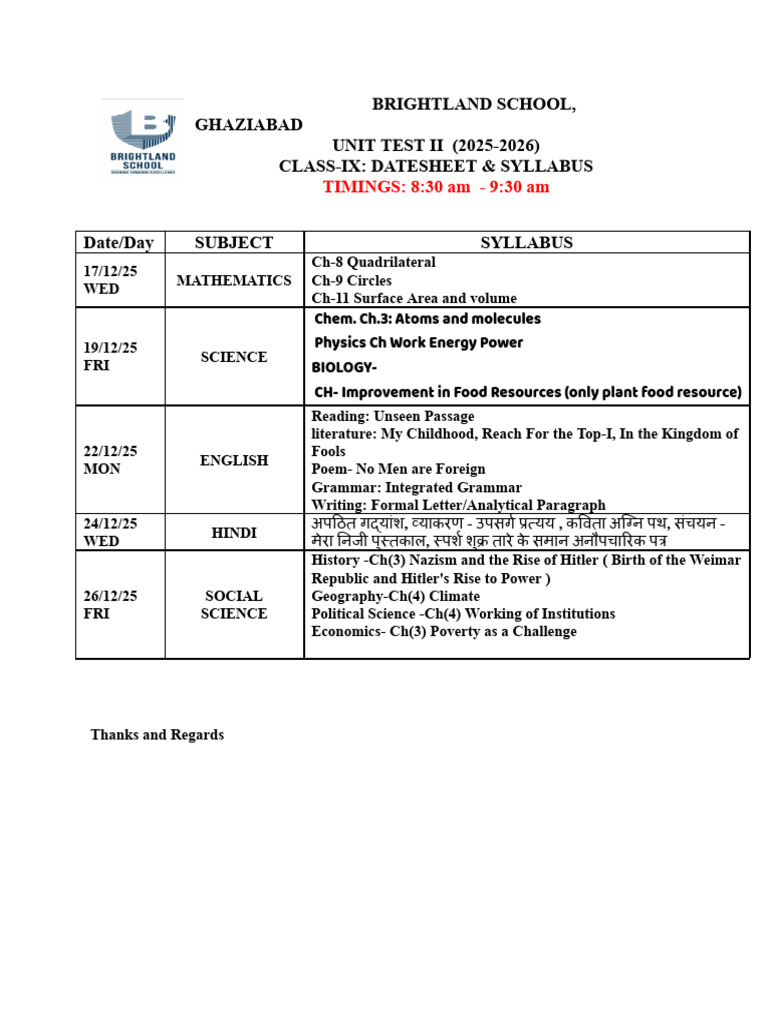 Ut II Syllabus Class Ix (2025-26) | PDF