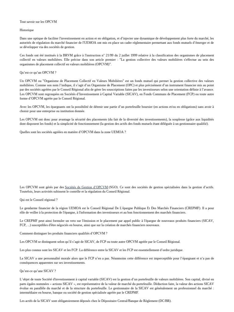 Guide complet sur les OPCVM UEMOA | PDF | Bourse des valeurs | Société ...