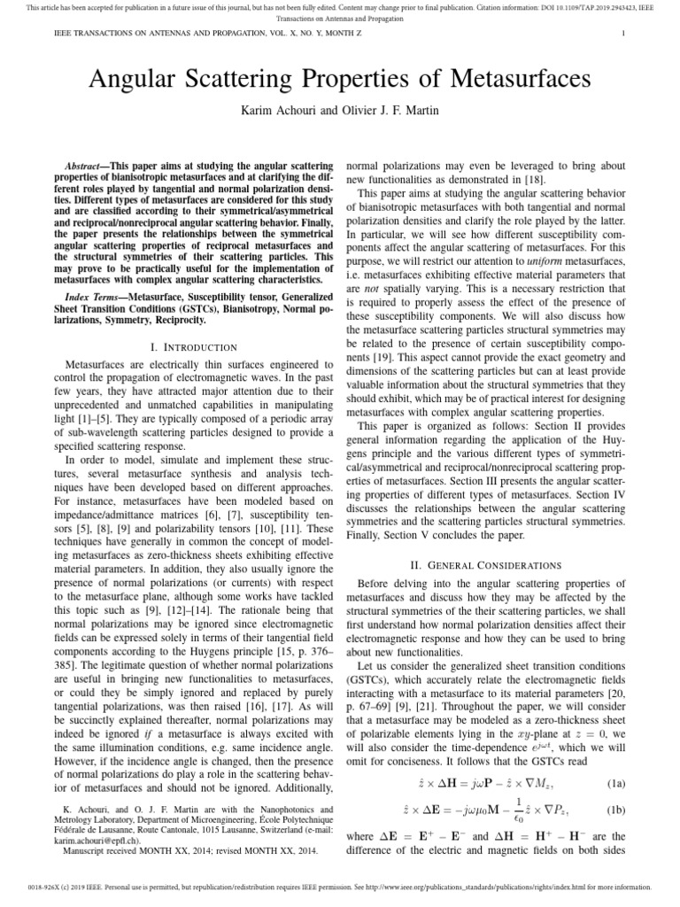 Angular Scattering of Bianisotropic Metasurfaces | PDF | Scattering ...