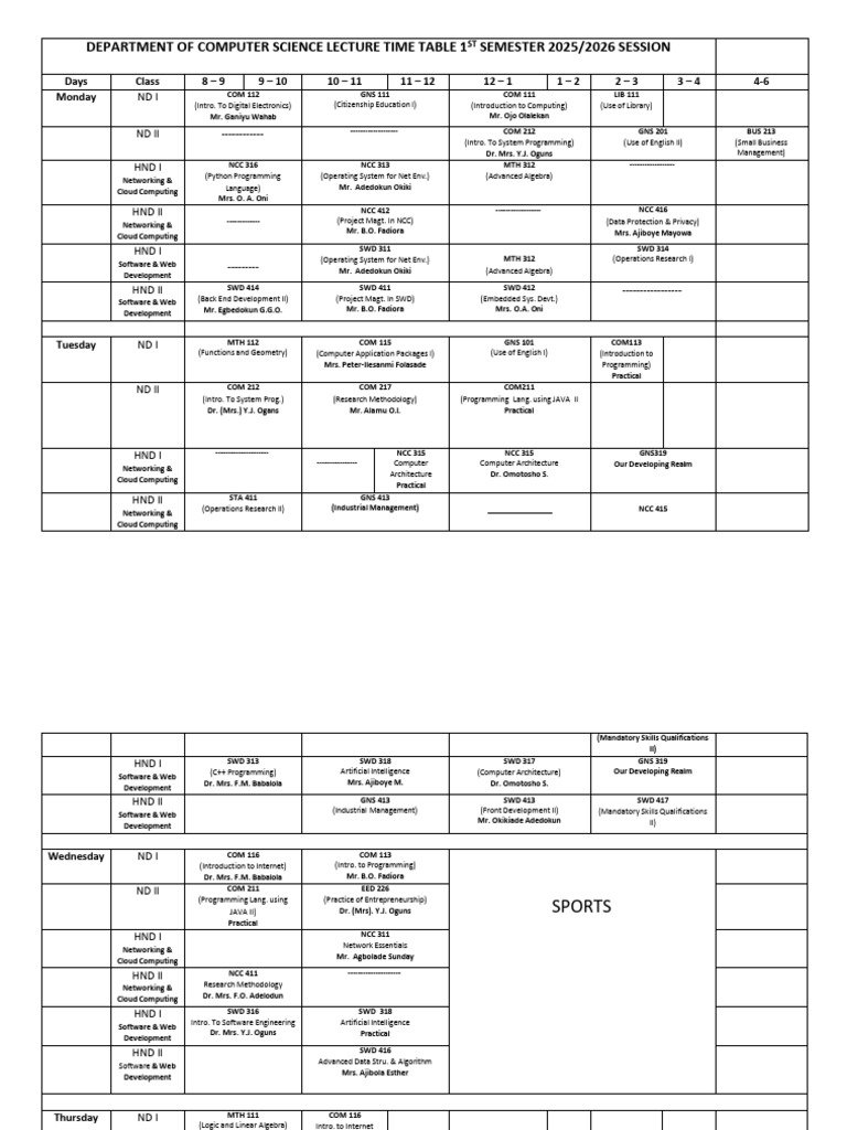 Computer Science 1st Semester Timetable 2025 | PDF | Computing ...