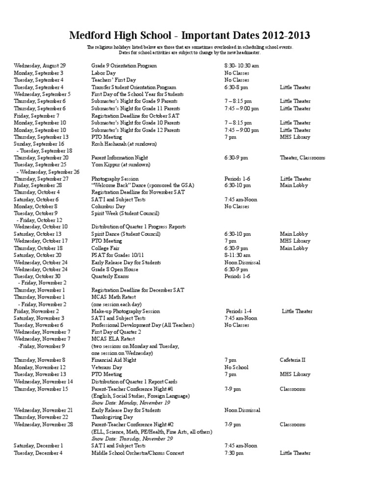 MHS Calendar of Important Dates 20122013 PDF Sat Schools