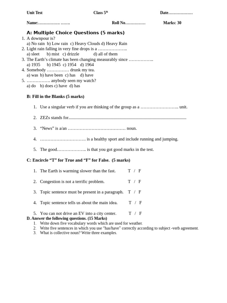 5th Grade Unit Test: English & Science | PDF