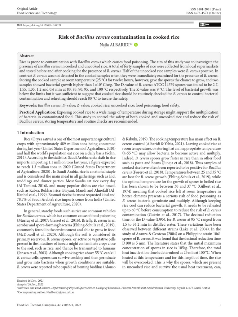Bacillus cereus Risk in Cooked Rice | PDF | Foodborne Illness | Bacillus