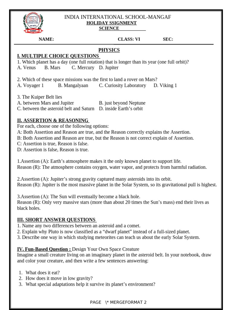 Class VI Science Holiday Assignment | PDF | Planets | Jupiter