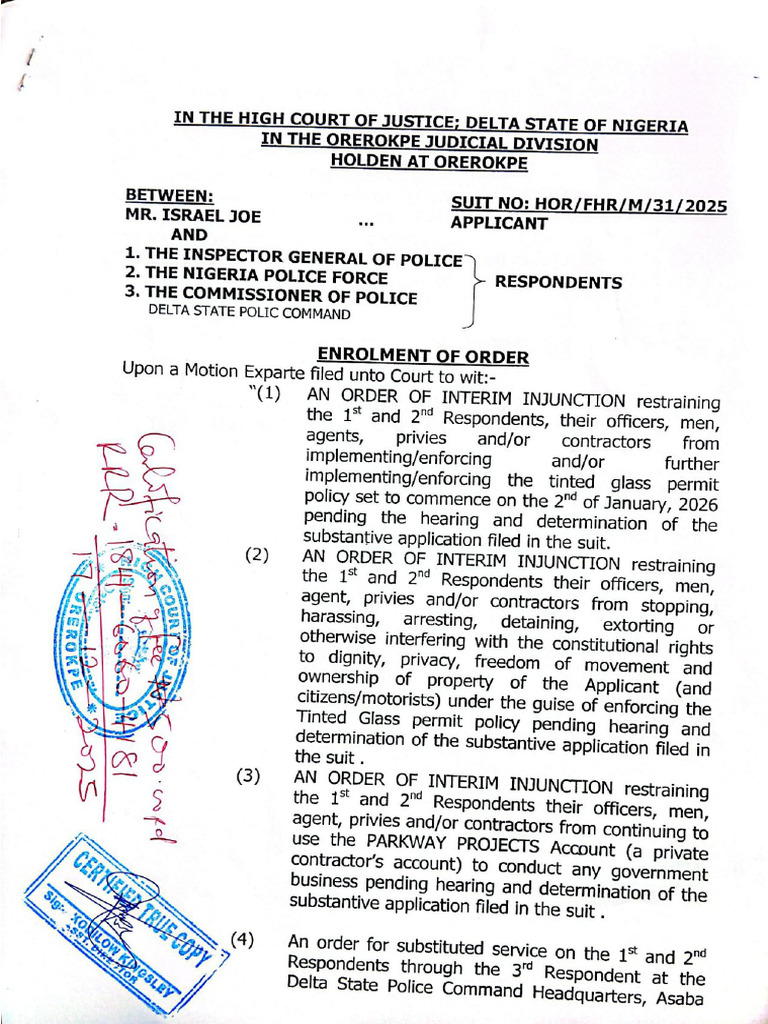 Interim Injunction Order Against The Police On Tinted | PDF