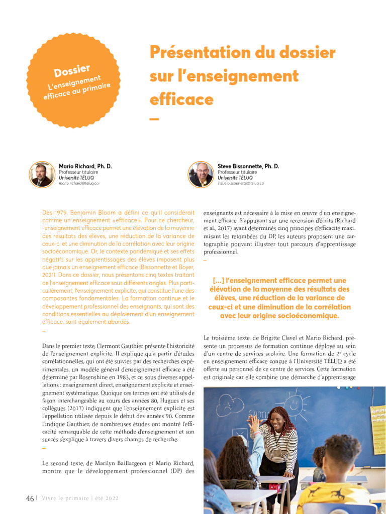Enseignement efficace au primaire : enjeux et stratégies | PDF ...