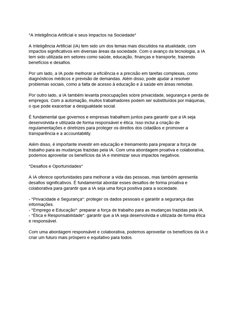 Impactos da Inteligência Artificial na Sociedade | PDF