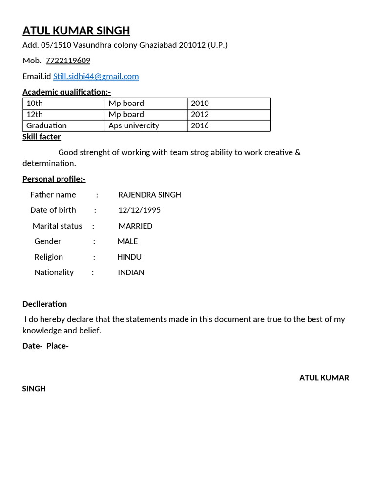 Atul Kumar Singh - Personal Profile & CV | PDF