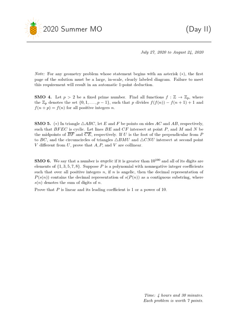 2020 Summer Math Olympiad Problems | PDF
