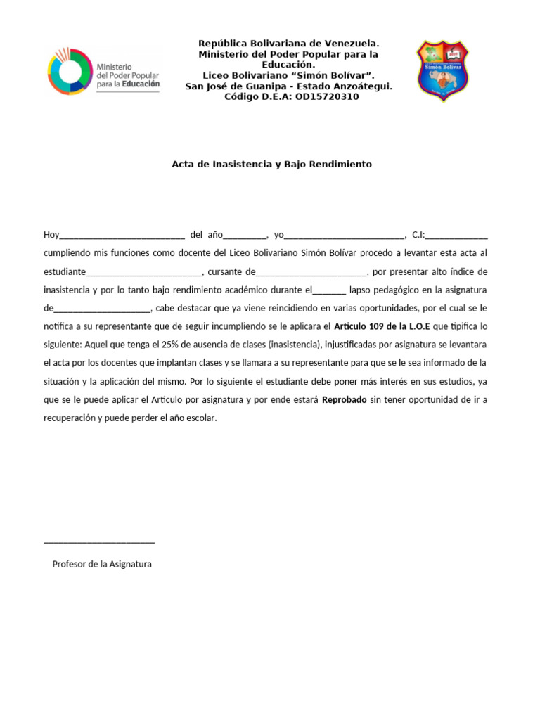 Acta de Inasistencia Escolar en Venezuela | PDF