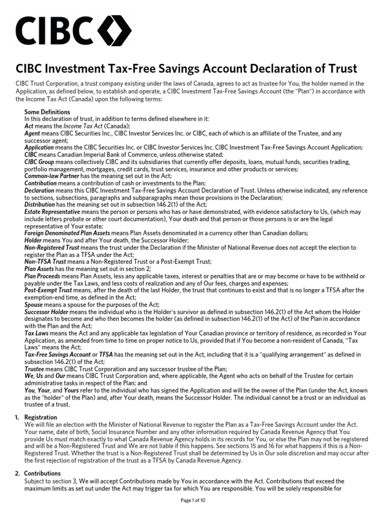 CIBC Tax-Free Savings Account Trust | PDF | Indemnity | Trustee