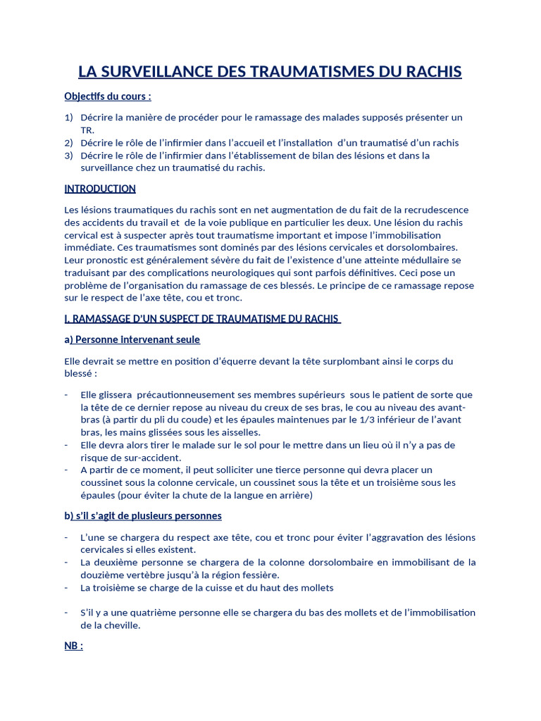 Surveillance des traumatismes du rachis | PDF | Cou | Spécialités médicales