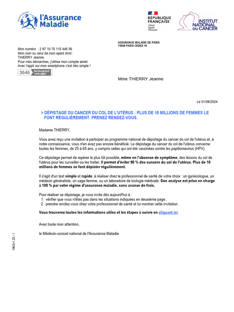 Invitation au dépistage du cancer du col | PDF | Cancer du col utérin ...
